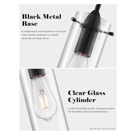 3-Pack Black Pendant Lights Clear Glass Modern Kitchen Island - Picture 3 of 8